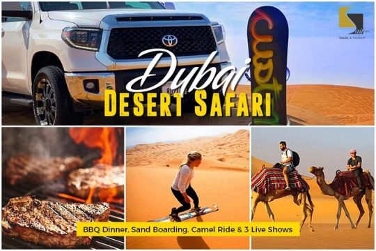 Dubai Desert Safari with BBQ Dinner, Sand Boarding, Camel Ride & 3 Live Shows